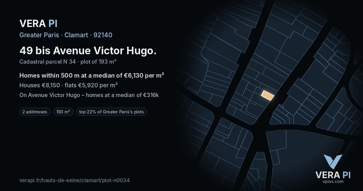49 bis Avenue Victor Hugo, Clamart at night – the plot lit, the parcels around coloured by the prices near them