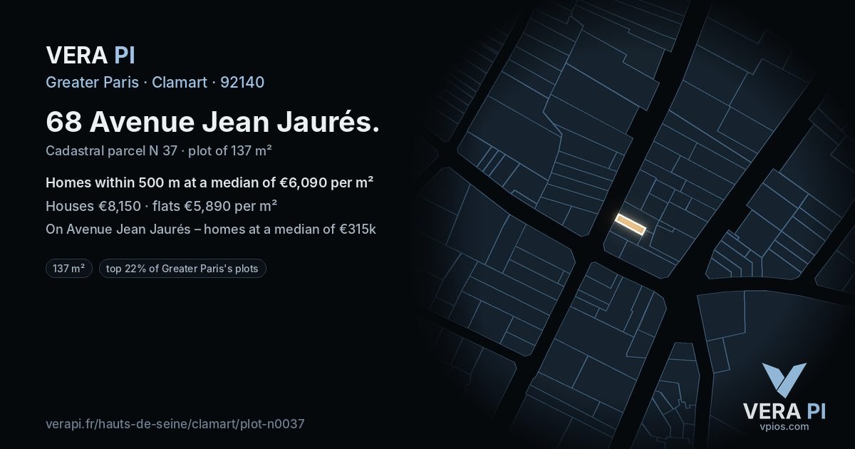 68 Avenue Jean Jaurés, Clamart at night – the plot lit, the parcels around coloured by the prices near them
