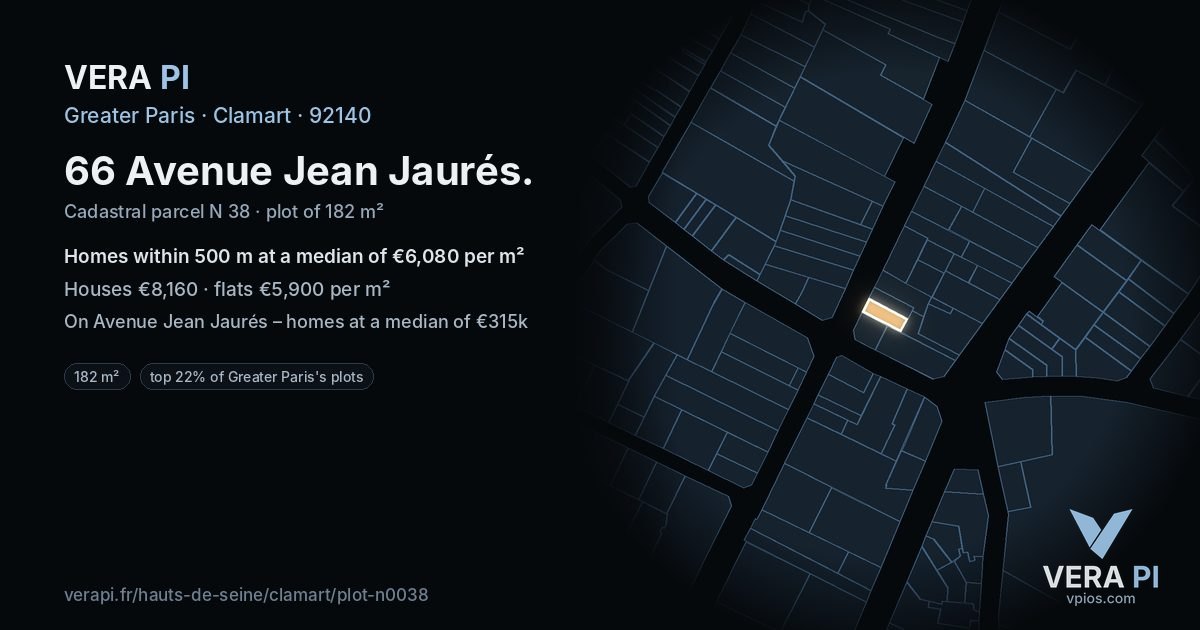 66 Avenue Jean Jaurés, Clamart at night – the plot lit, the parcels around coloured by the prices near them