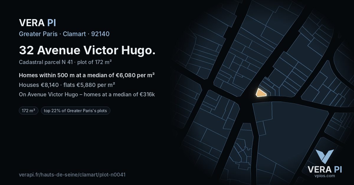 32 Avenue Victor Hugo, Clamart at night – the plot lit, the parcels around coloured by the prices near them