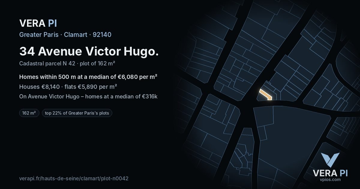 34 Avenue Victor Hugo, Clamart at night – the plot lit, the parcels around coloured by the prices near them