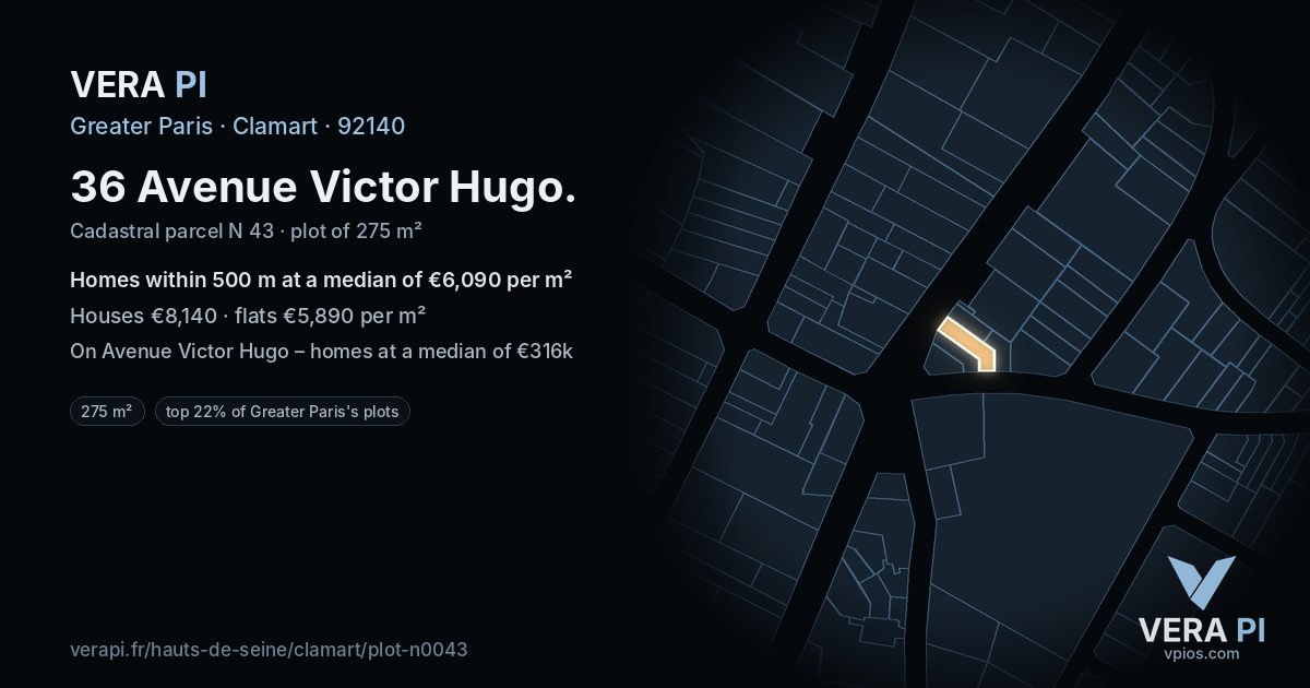 36 Avenue Victor Hugo, Clamart at night – the plot lit, the parcels around coloured by the prices near them