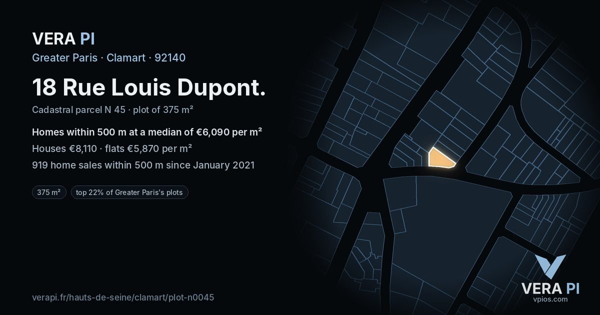 18 Rue Louis Dupont, Clamart at night – the plot lit, the parcels around coloured by the prices near them