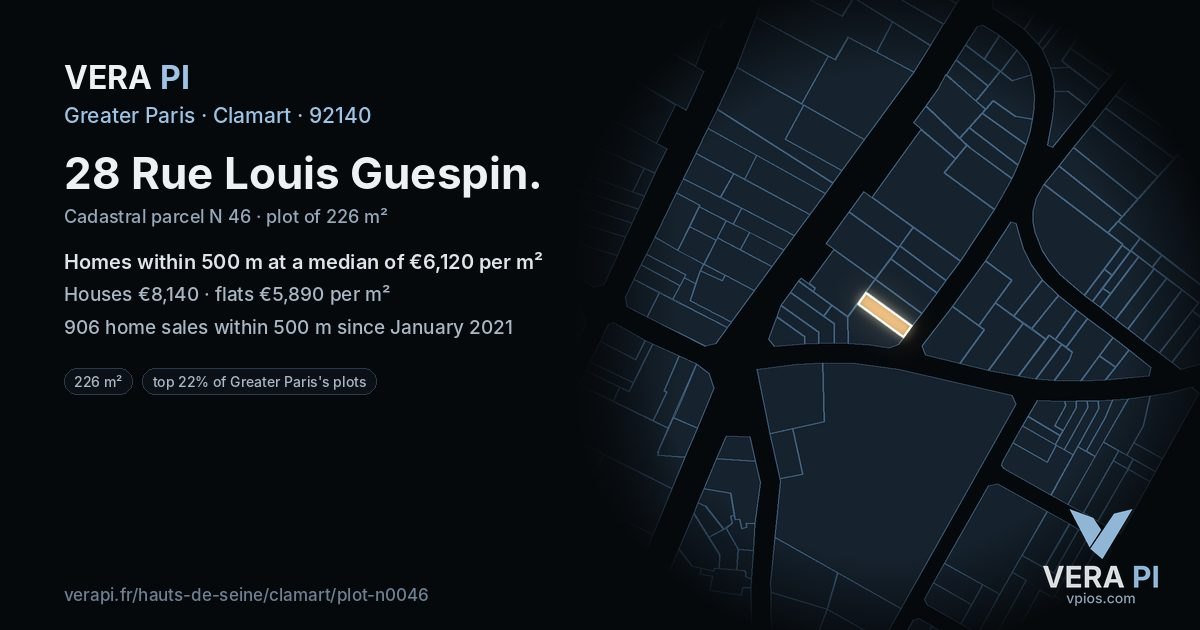 28 Rue Louis Guespin, Clamart at night – the plot lit, the parcels around coloured by the prices near them