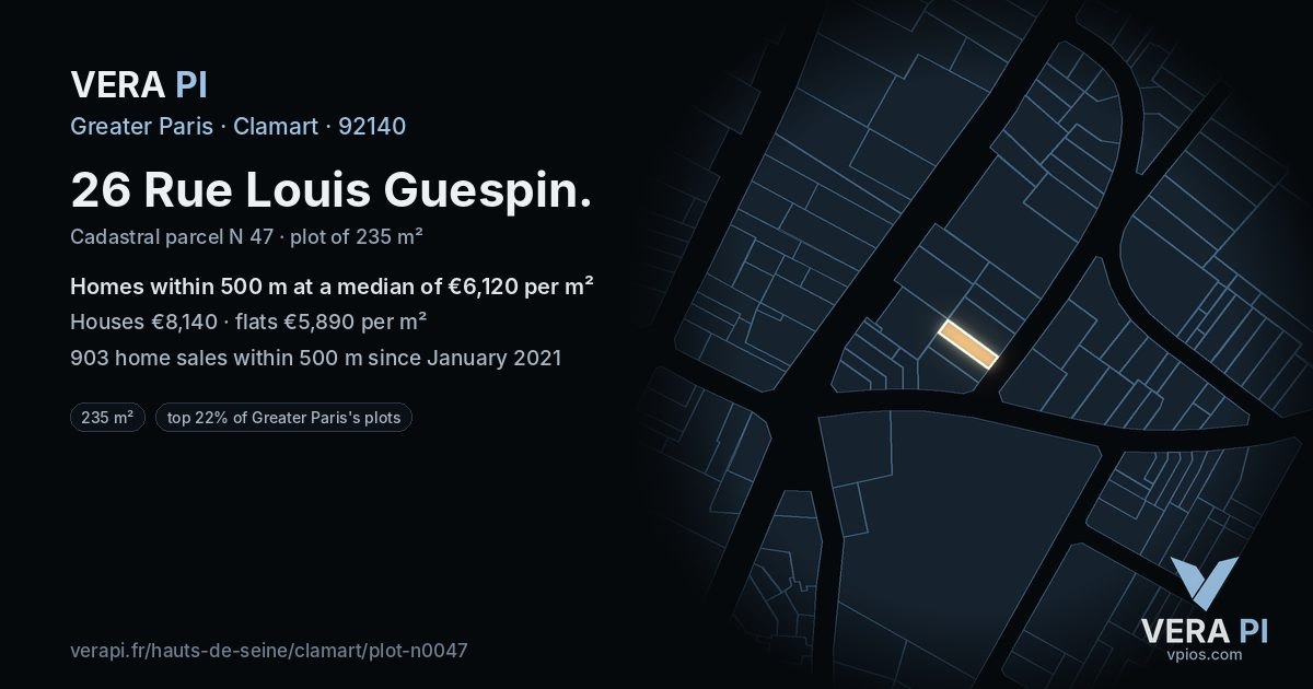 26 Rue Louis Guespin, Clamart at night – the plot lit, the parcels around coloured by the prices near them
