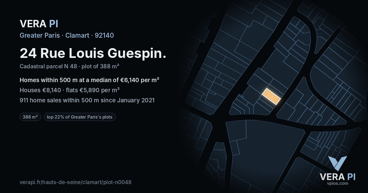 24 Rue Louis Guespin, Clamart at night – the plot lit, the parcels around coloured by the prices near them