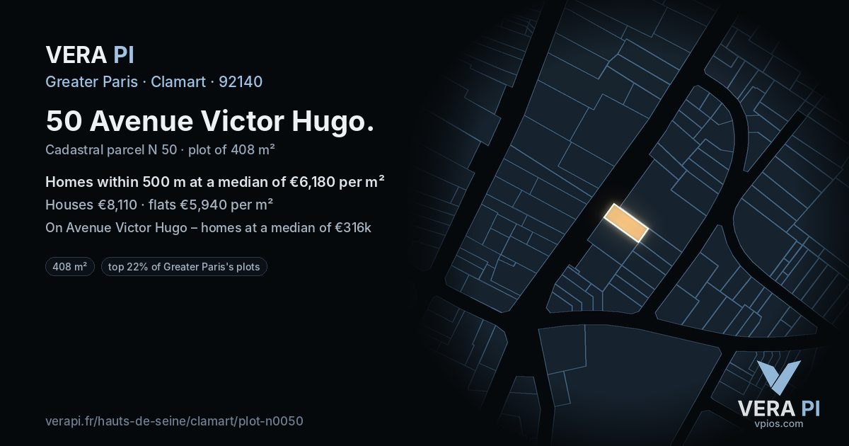 50 Avenue Victor Hugo, Clamart at night – the plot lit, the parcels around coloured by the prices near them