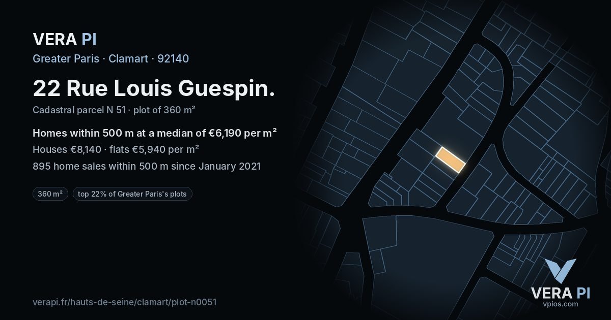 22 Rue Louis Guespin, Clamart at night – the plot lit, the parcels around coloured by the prices near them