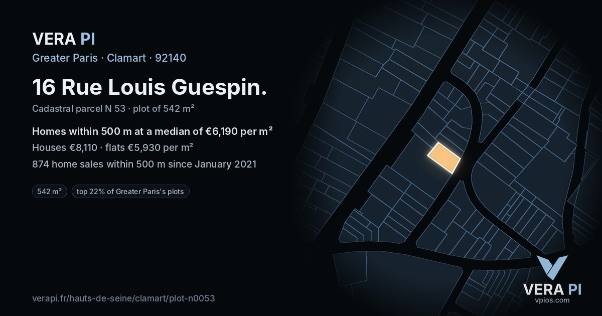 16 Rue Louis Guespin, Clamart at night – the plot lit, the parcels around coloured by the prices near them