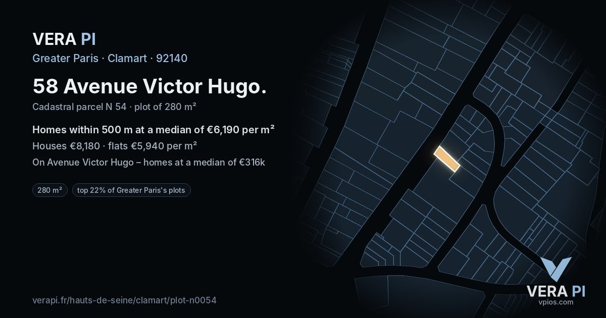 58 Avenue Victor Hugo, Clamart at night – the plot lit, the parcels around coloured by the prices near them