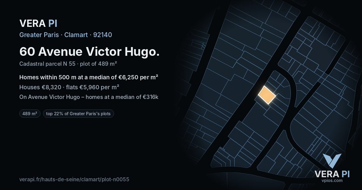 60 Avenue Victor Hugo, Clamart at night – the plot lit, the parcels around coloured by the prices near them