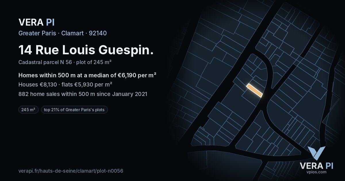 14 Rue Louis Guespin, Clamart at night – the plot lit, the parcels around coloured by the prices near them