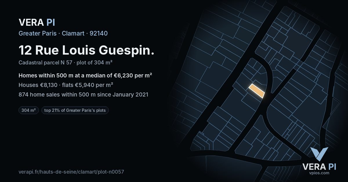 12 Rue Louis Guespin, Clamart at night – the plot lit, the parcels around coloured by the prices near them