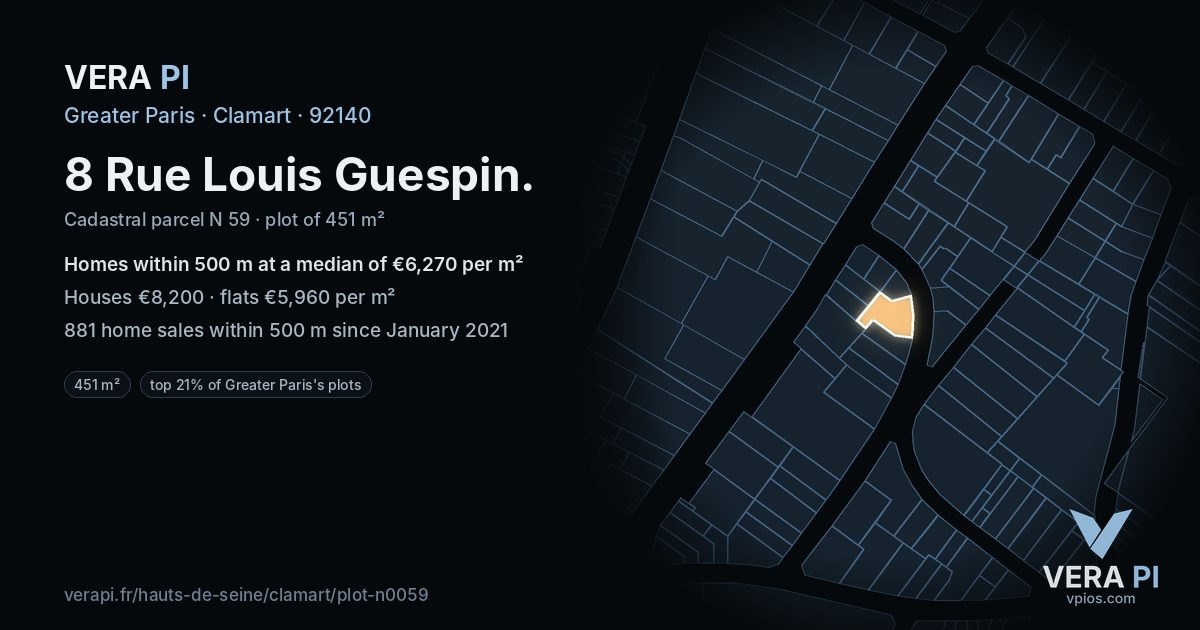 8 Rue Louis Guespin, Clamart at night – the plot lit, the parcels around coloured by the prices near them