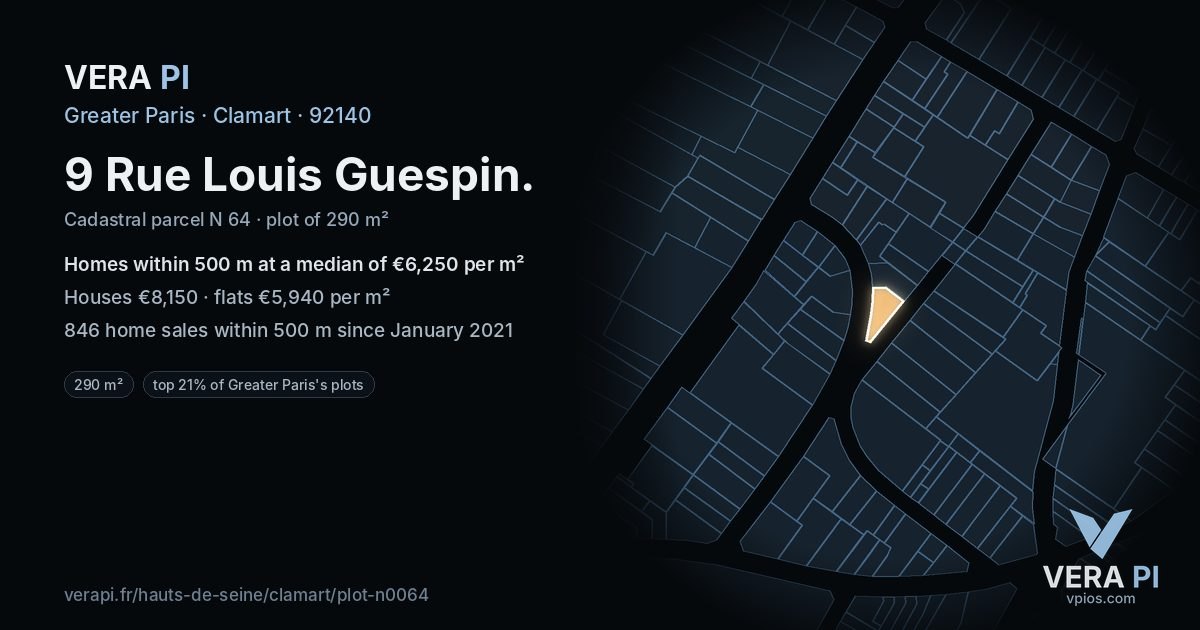 9 Rue Louis Guespin, Clamart at night – the plot lit, the parcels around coloured by the prices near them