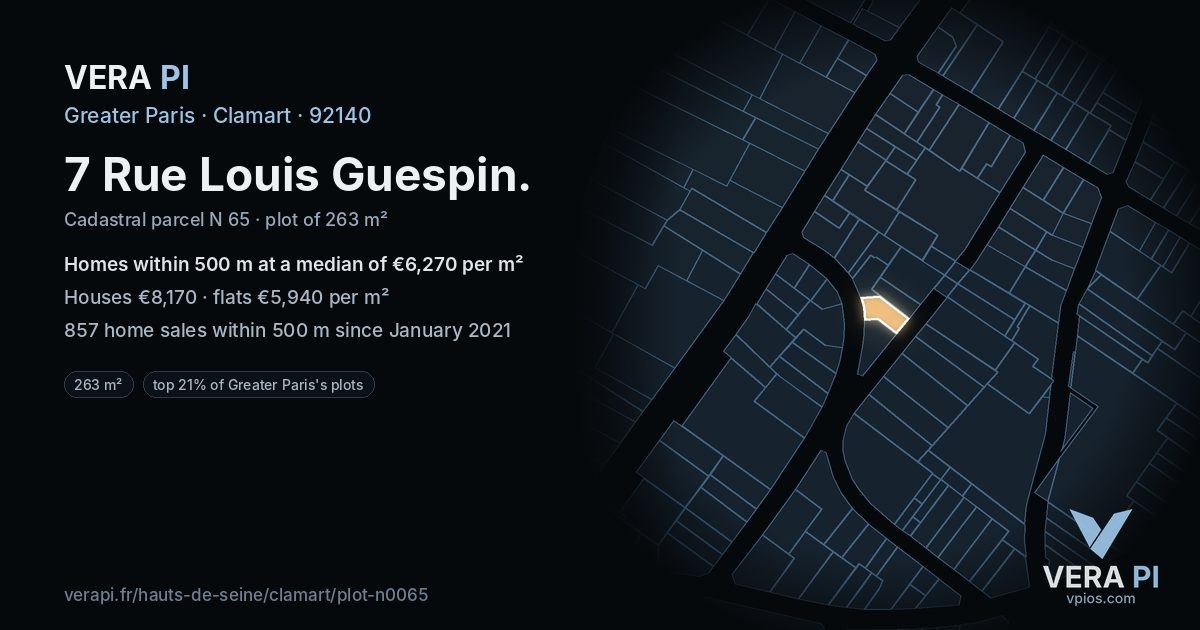 7 Rue Louis Guespin, Clamart at night – the plot lit, the parcels around coloured by the prices near them