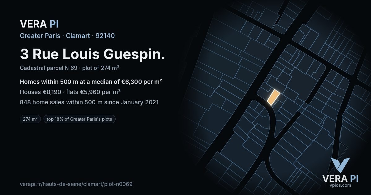 3 Rue Louis Guespin, Clamart at night – the plot lit, the parcels around coloured by the prices near them