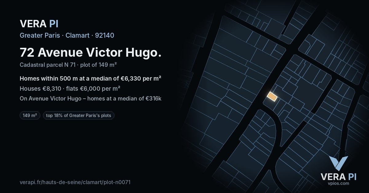 72 Avenue Victor Hugo, Clamart at night – the plot lit, the parcels around coloured by the prices near them