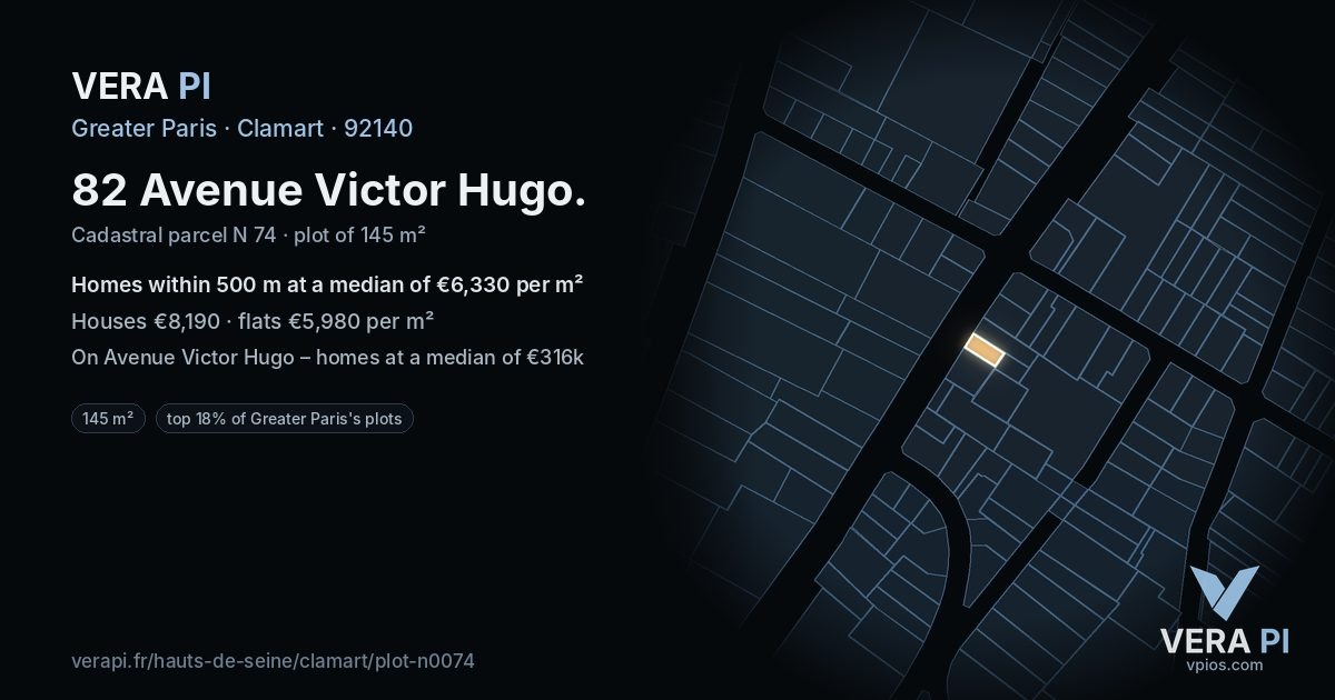 82 Avenue Victor Hugo, Clamart at night – the plot lit, the parcels around coloured by the prices near them