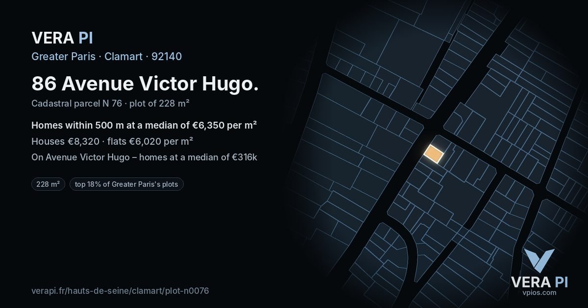 86 Avenue Victor Hugo, Clamart at night – the plot lit, the parcels around coloured by the prices near them