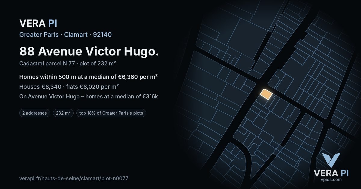 88 Avenue Victor Hugo, Clamart at night – the plot lit, the parcels around coloured by the prices near them