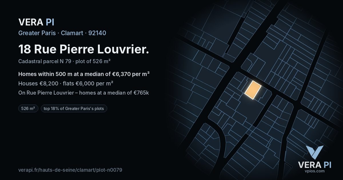 18 Rue Pierre Louvrier, Clamart at night – the plot lit, the parcels around coloured by the prices near them