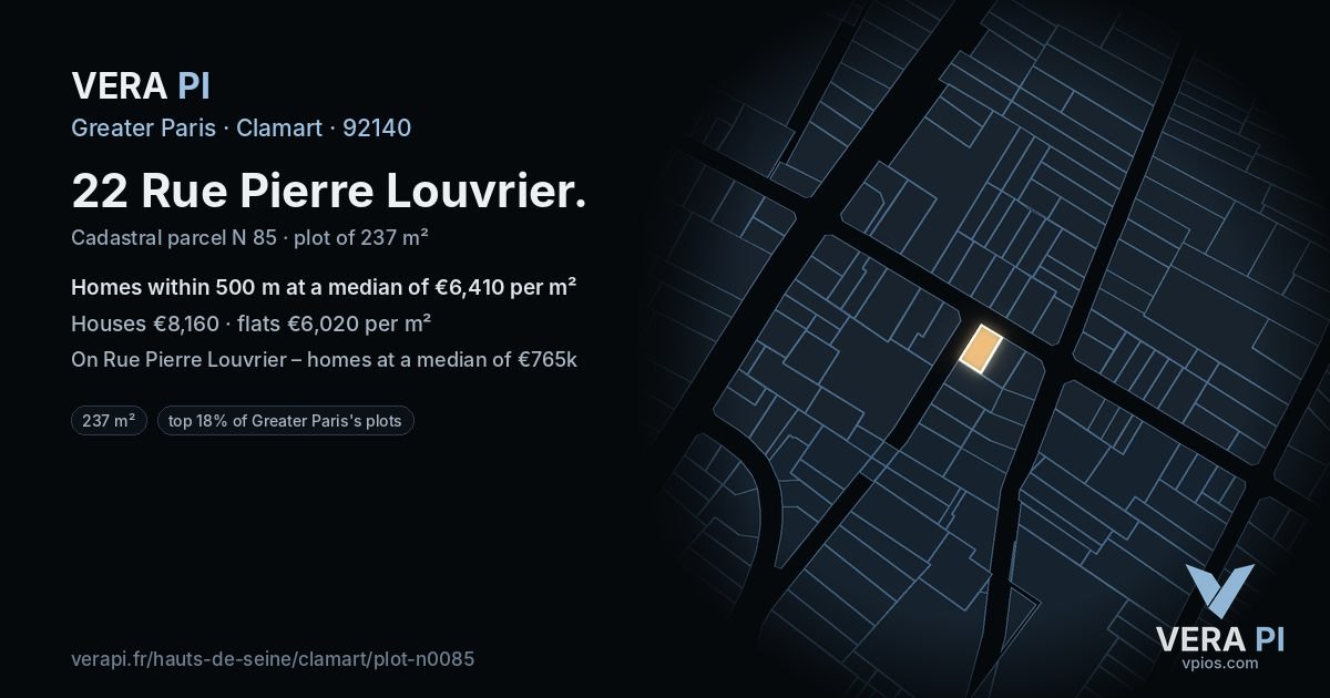 22 Rue Pierre Louvrier, Clamart at night – the plot lit, the parcels around coloured by the prices near them