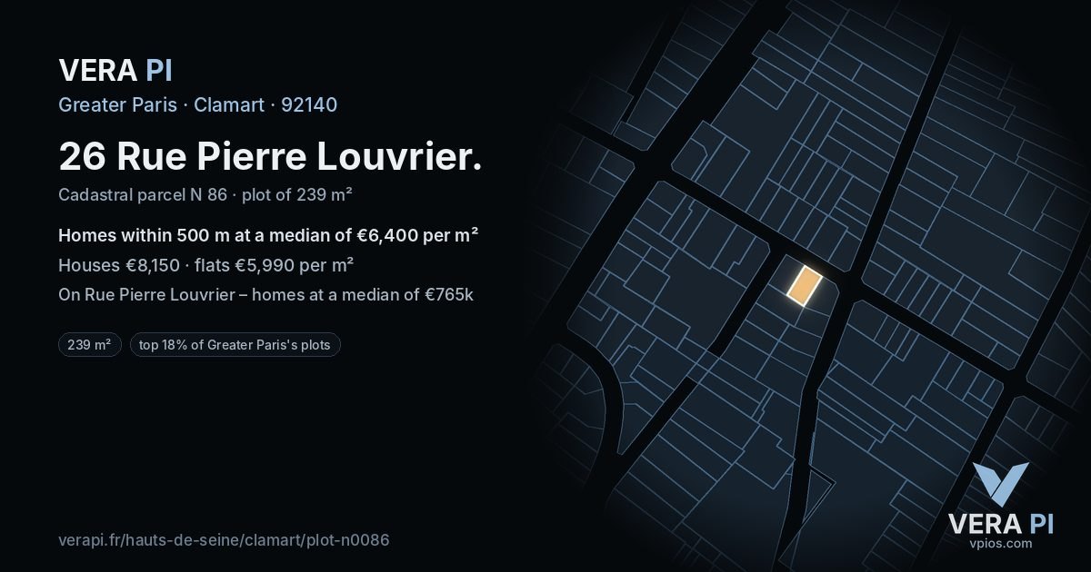 26 Rue Pierre Louvrier, Clamart at night – the plot lit, the parcels around coloured by the prices near them