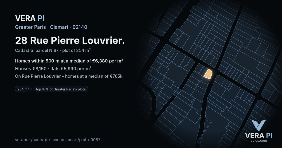 28 Rue Pierre Louvrier, Clamart at night – the plot lit, the parcels around coloured by the prices near them