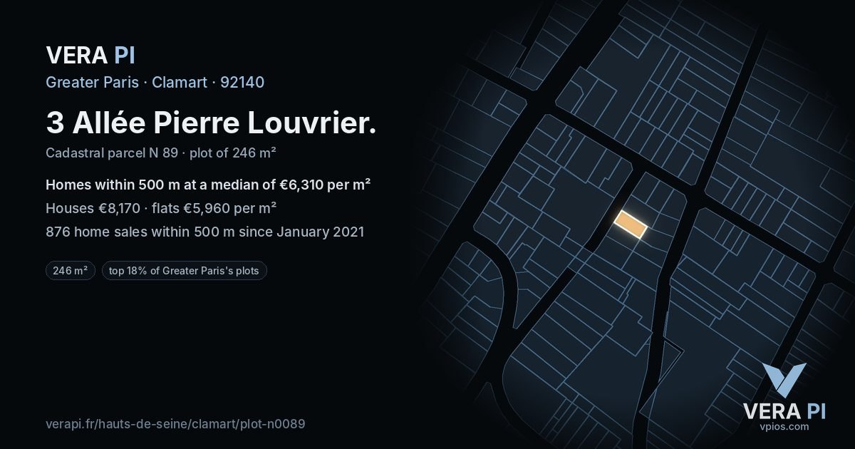 3 Allée Pierre Louvrier, Clamart at night – the plot lit, the parcels around coloured by the prices near them