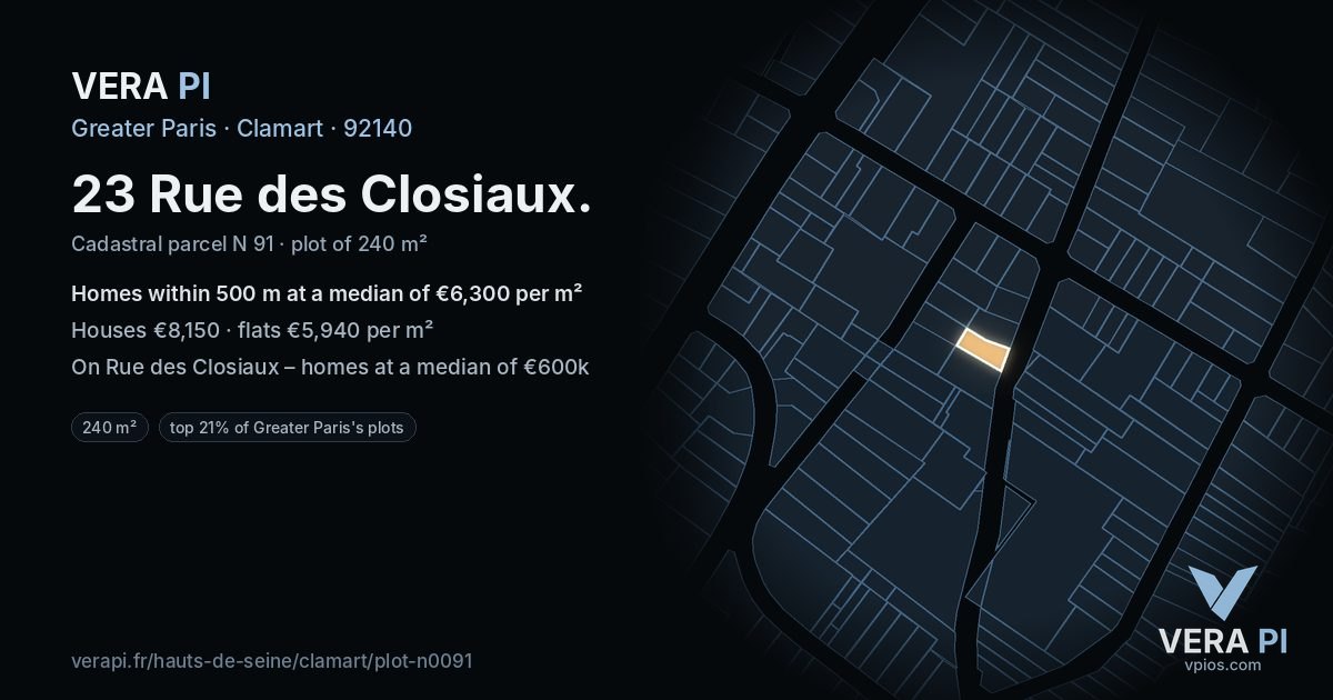 23 Rue des Closiaux, Clamart at night – the plot lit, the parcels around coloured by the prices near them