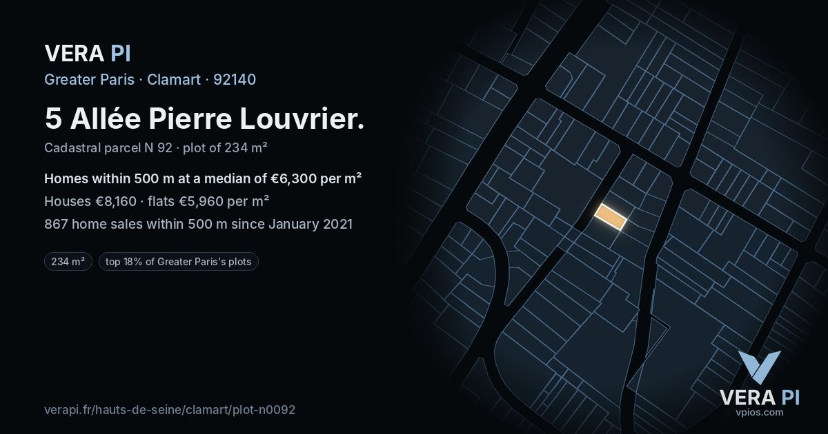 5 Allée Pierre Louvrier, Clamart at night – the plot lit, the parcels around coloured by the prices near them