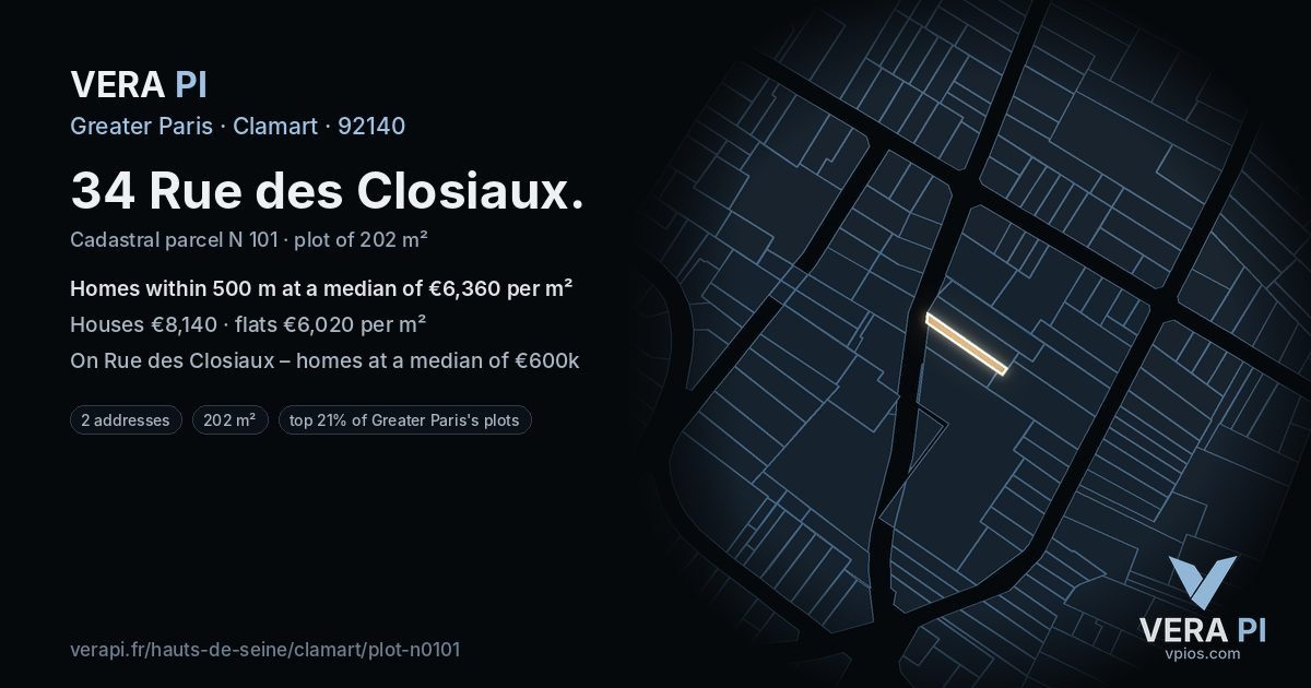 34 Rue des Closiaux, Clamart at night – the plot lit, the parcels around coloured by the prices near them