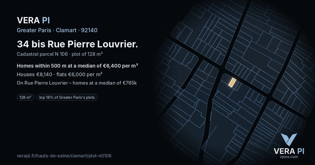 34 bis Rue Pierre Louvrier, Clamart at night – the plot lit, the parcels around coloured by the prices near them