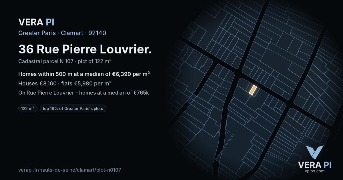 36 Rue Pierre Louvrier, Clamart at night – the plot lit, the parcels around coloured by the prices near them