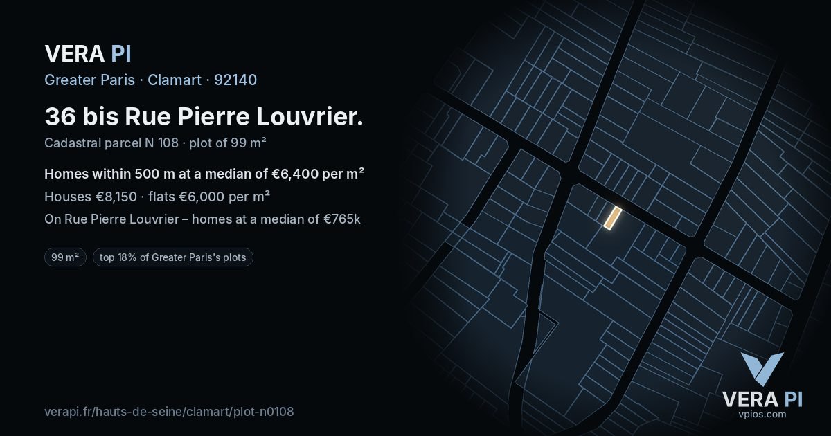36 bis Rue Pierre Louvrier, Clamart at night – the plot lit, the parcels around coloured by the prices near them
