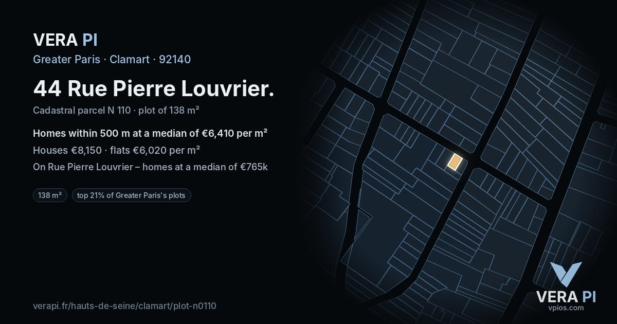 44 Rue Pierre Louvrier, Clamart at night – the plot lit, the parcels around coloured by the prices near them