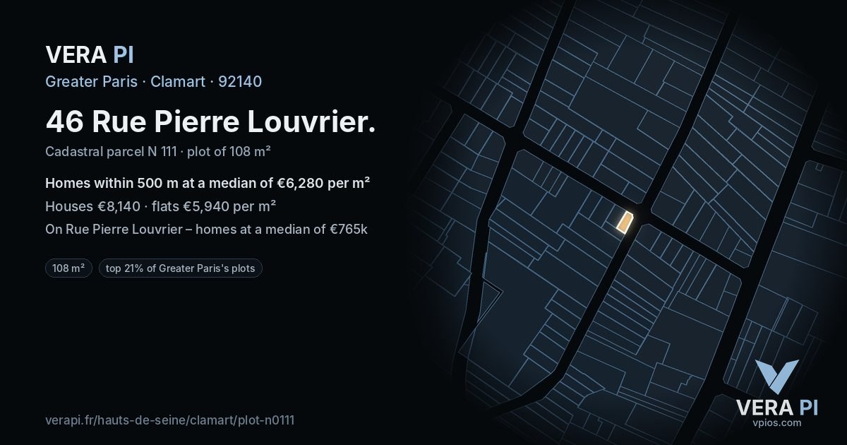 46 Rue Pierre Louvrier, Clamart at night – the plot lit, the parcels around coloured by the prices near them