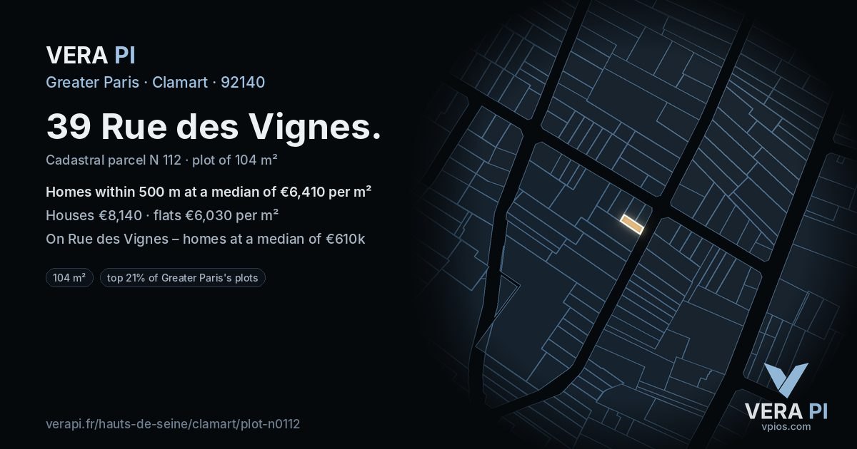 39 Rue des Vignes, Clamart at night – the plot lit, the parcels around coloured by the prices near them