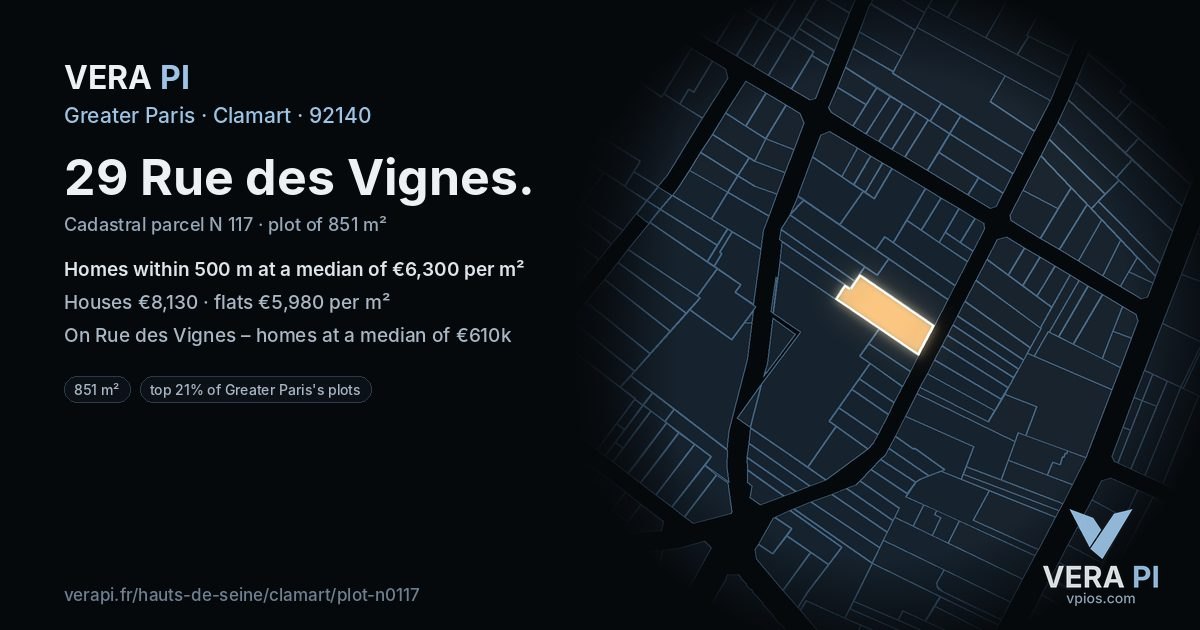 29 Rue des Vignes, Clamart at night – the plot lit, the parcels around coloured by the prices near them