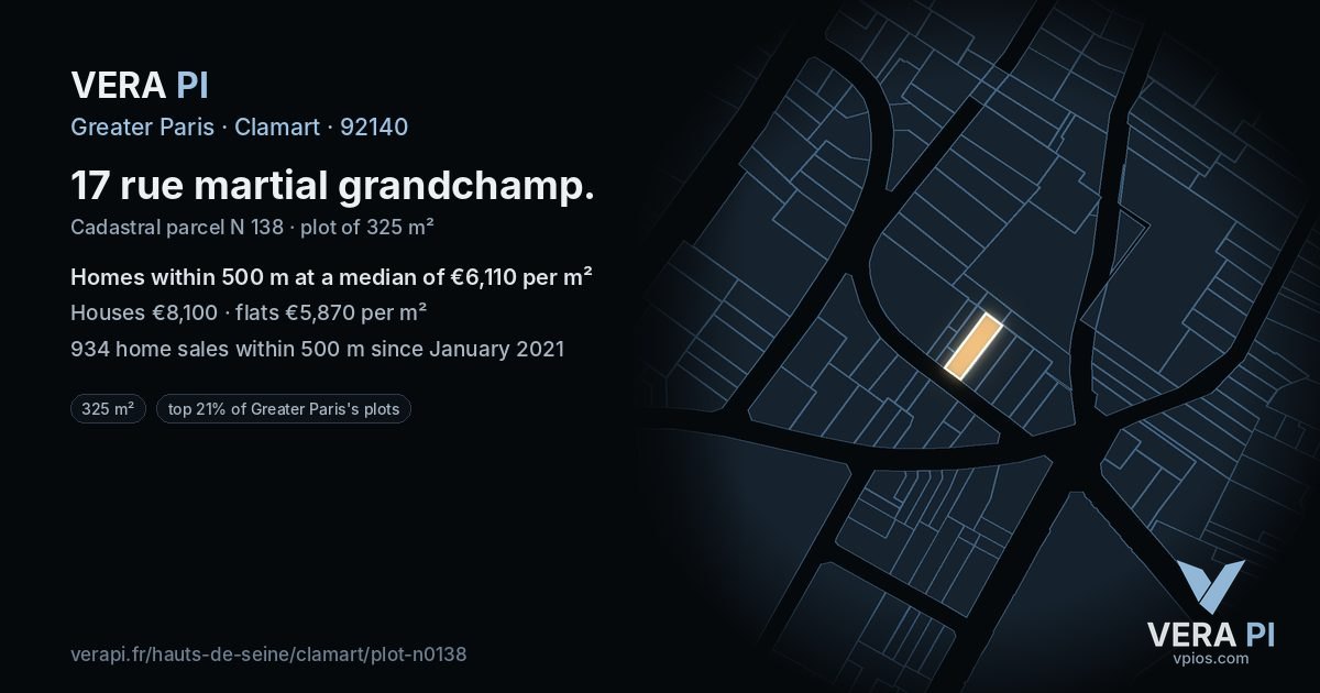 17 rue martial grandchamp, Clamart at night – the plot lit, the parcels around coloured by the prices near them