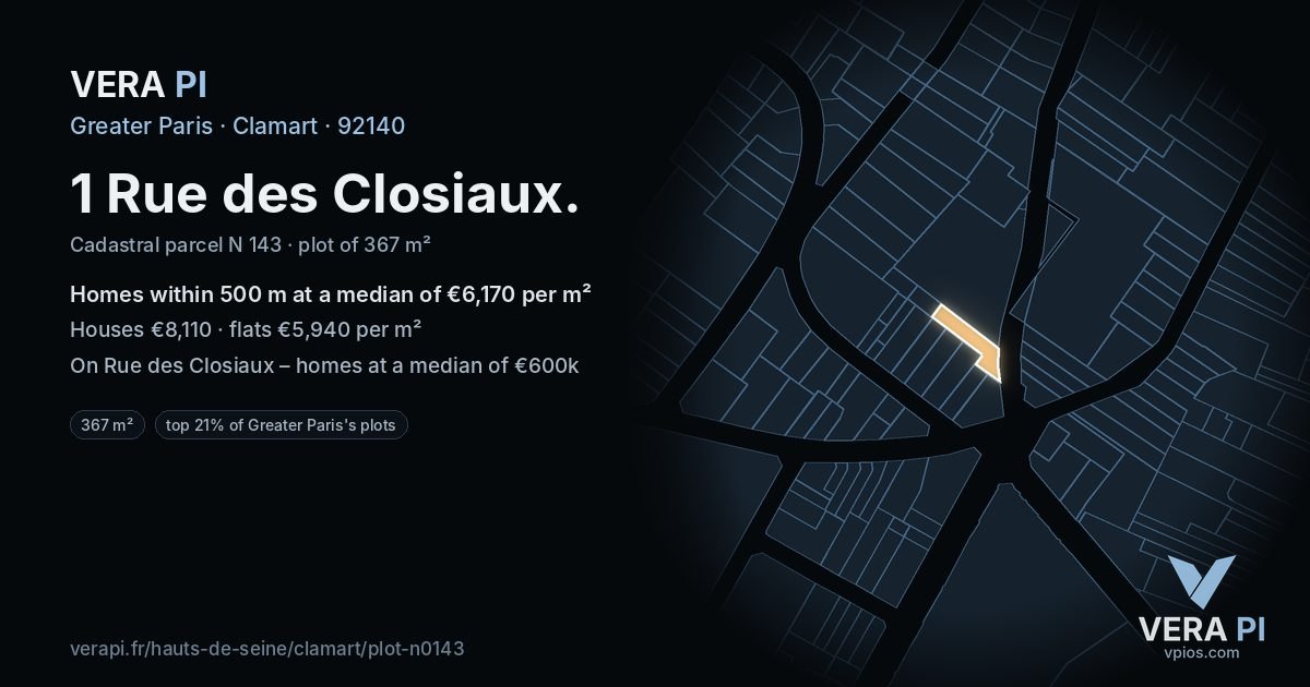1 Rue des Closiaux, Clamart at night – the plot lit, the parcels around coloured by the prices near them