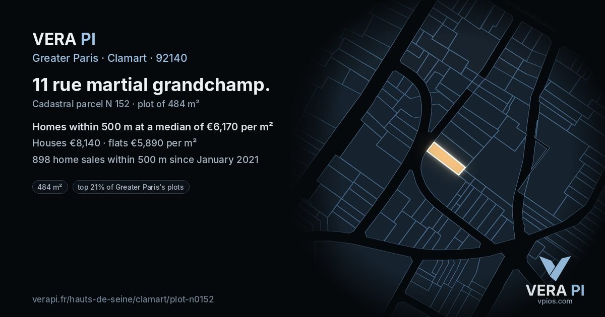 11 rue martial grandchamp, Clamart at night – the plot lit, the parcels around coloured by the prices near them