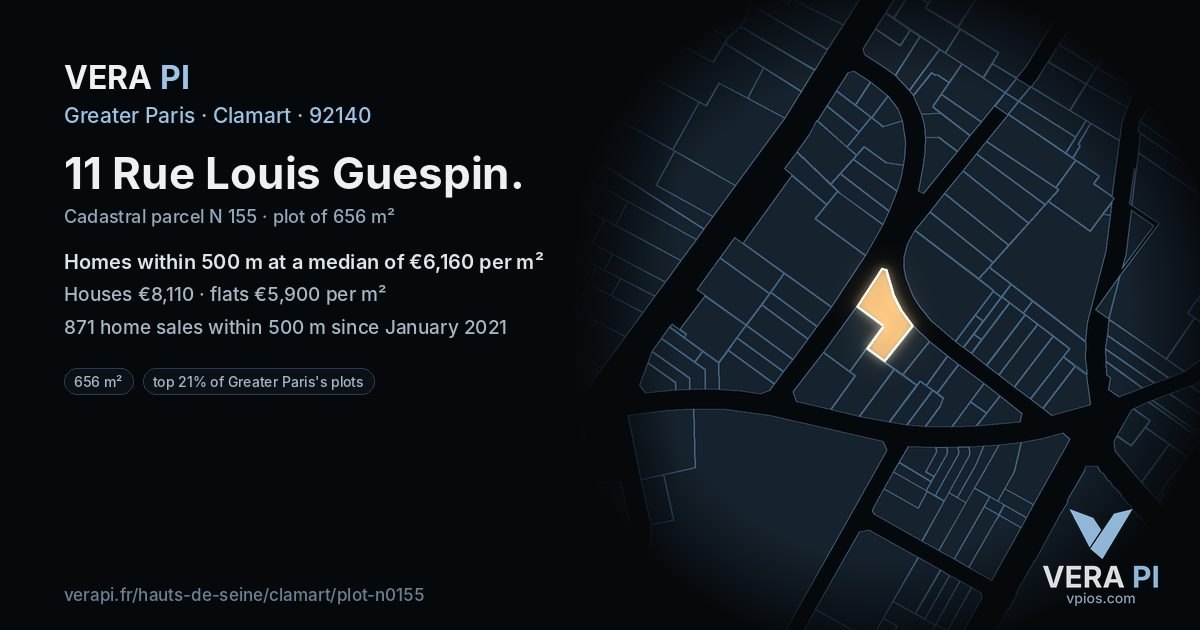 11 Rue Louis Guespin, Clamart at night – the plot lit, the parcels around coloured by the prices near them