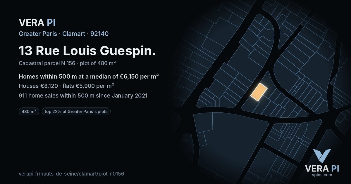 13 Rue Louis Guespin, Clamart at night – the plot lit, the parcels around coloured by the prices near them