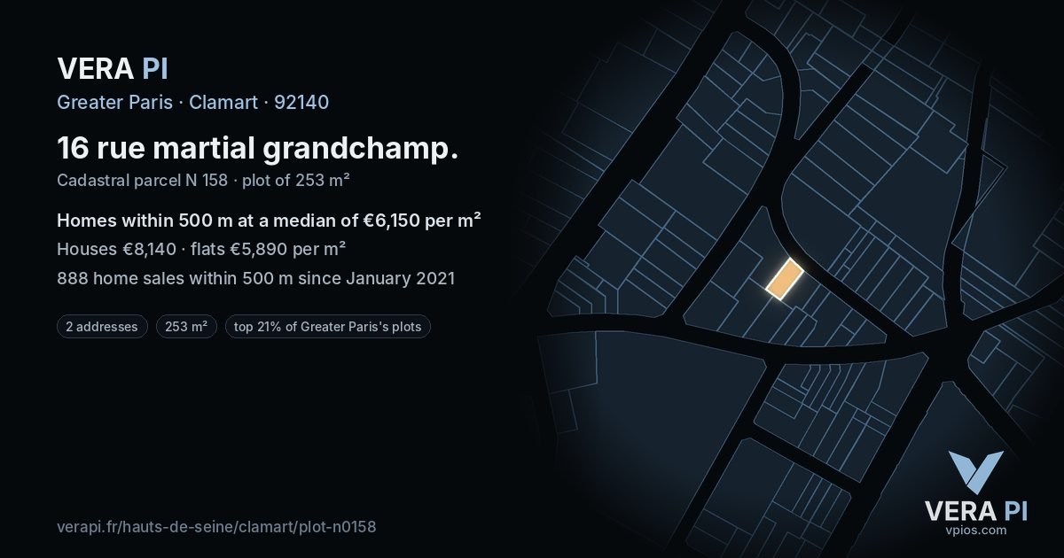 16 rue martial grandchamp, Clamart at night – the plot lit, the parcels around coloured by the prices near them