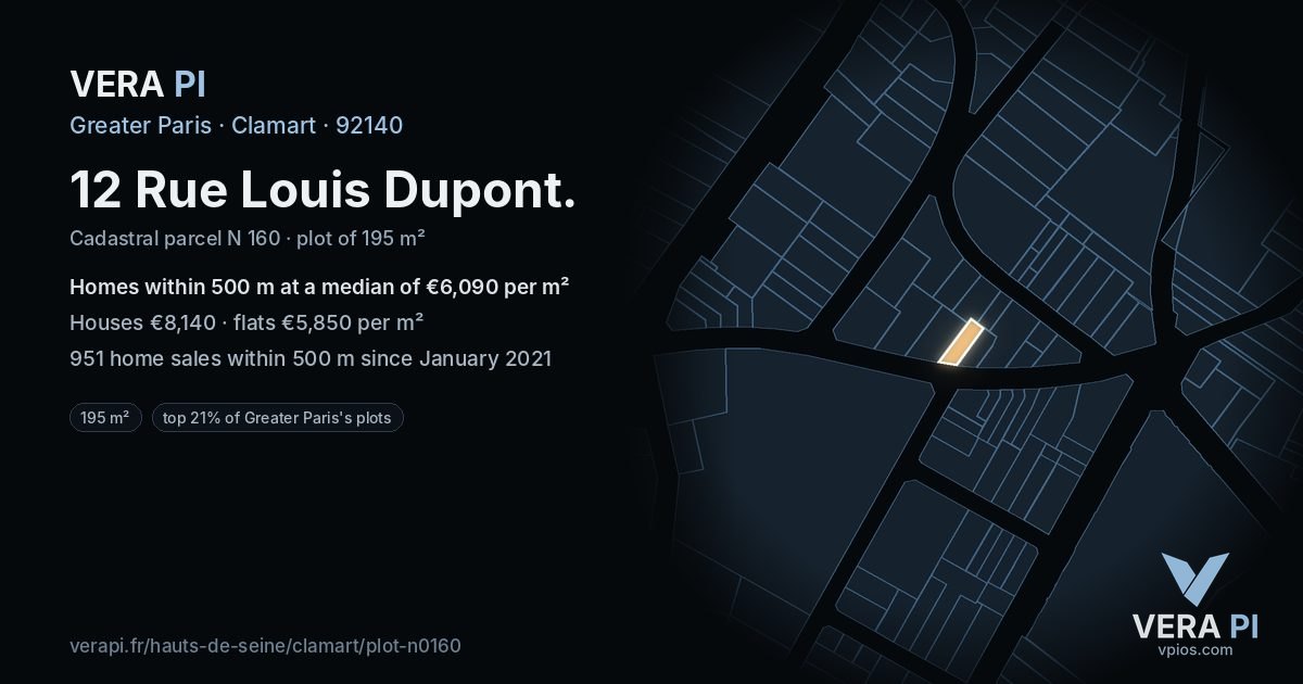 12 Rue Louis Dupont, Clamart at night – the plot lit, the parcels around coloured by the prices near them