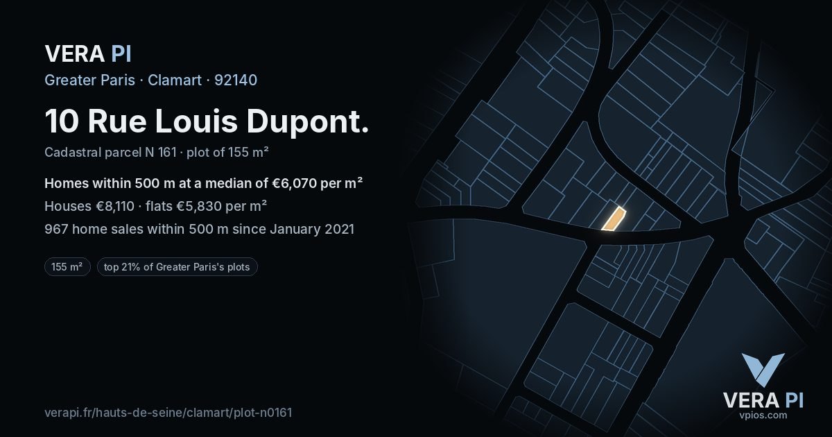 10 Rue Louis Dupont, Clamart at night – the plot lit, the parcels around coloured by the prices near them