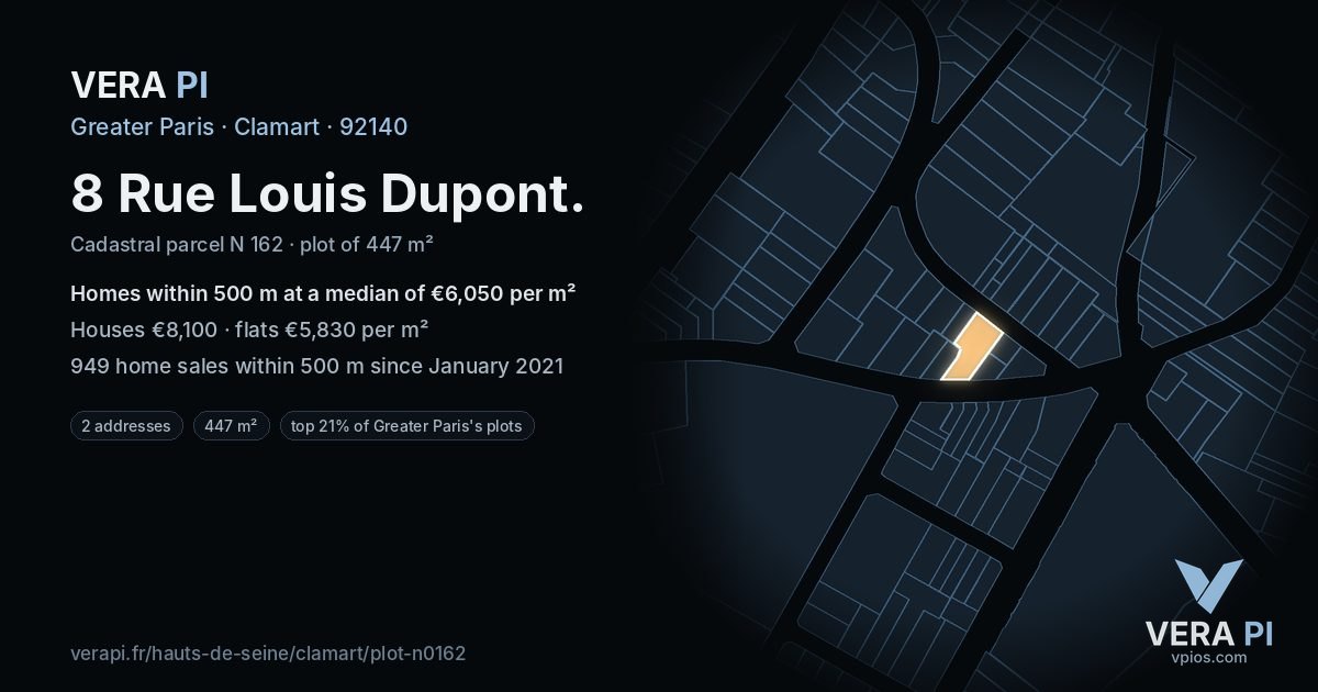 8 Rue Louis Dupont, Clamart at night – the plot lit, the parcels around coloured by the prices near them