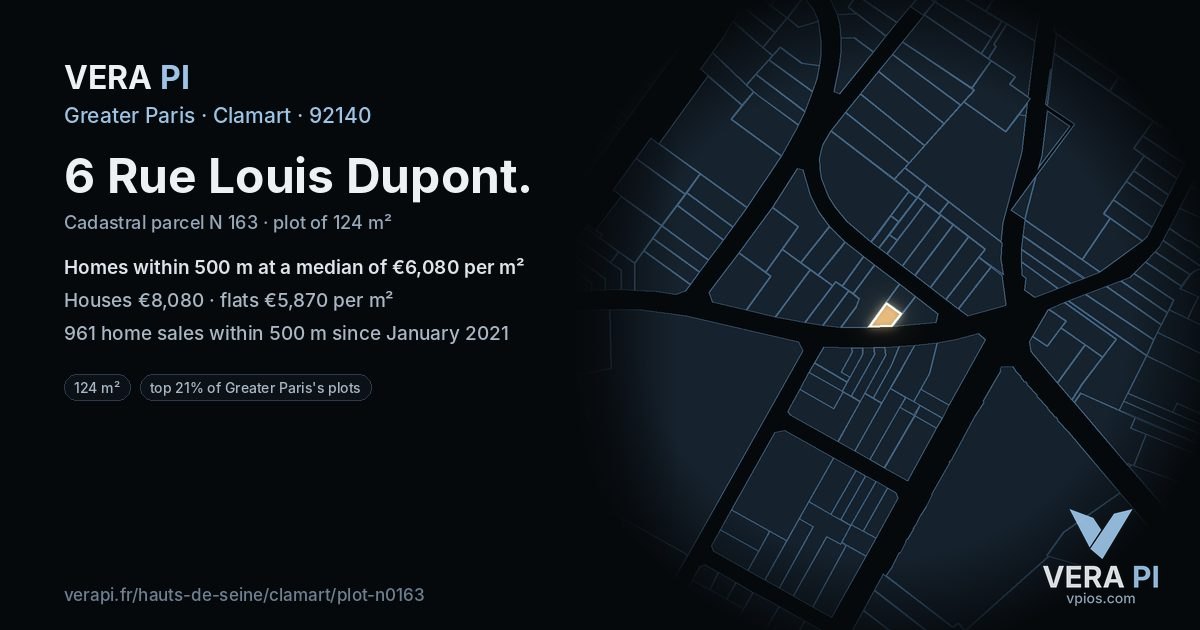 6 Rue Louis Dupont, Clamart at night – the plot lit, the parcels around coloured by the prices near them
